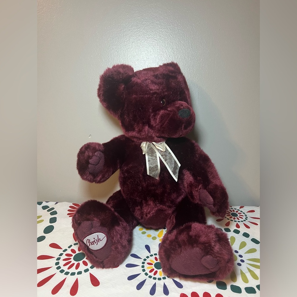 NWT VTG SKM Enterprises Cherish Plush Bear With Bow Maroon Stuffed Animal